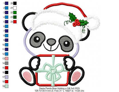 Santa Panda Bear Holding a Gift - Applique - Machine Embroidery Design