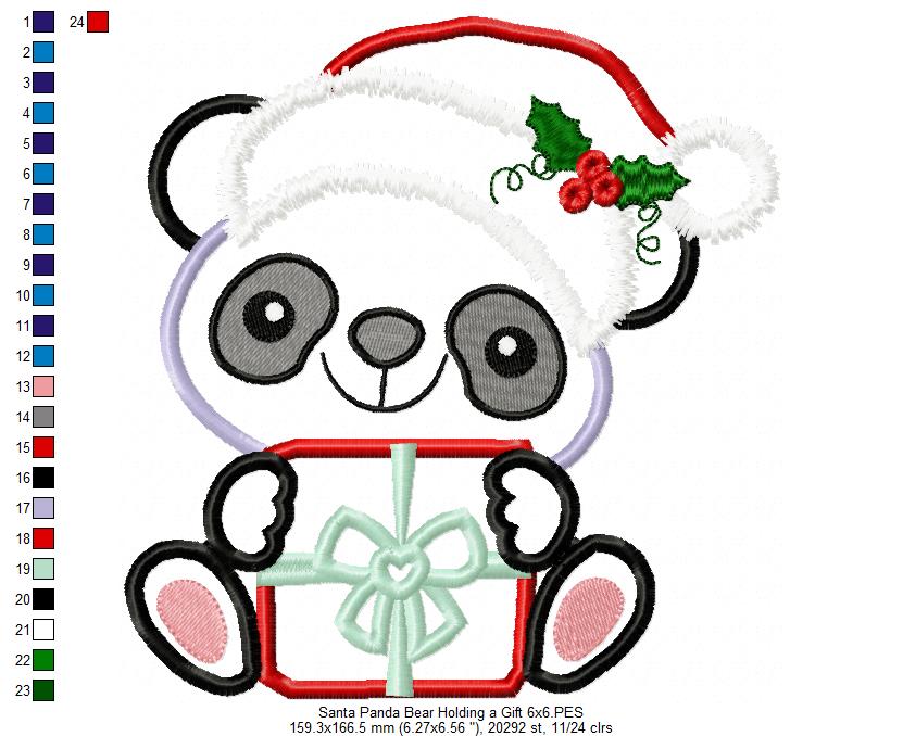 Santa Panda Bear Holding a Gift - Applique - Machine Embroidery Design