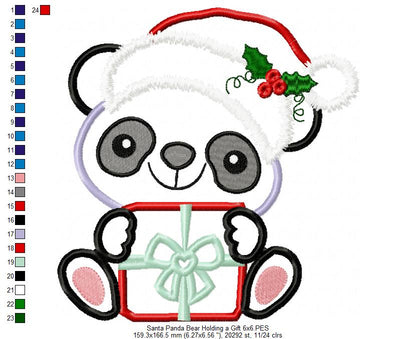 Santa Panda Bear Holding a Gift - Applique - Machine Embroidery Design
