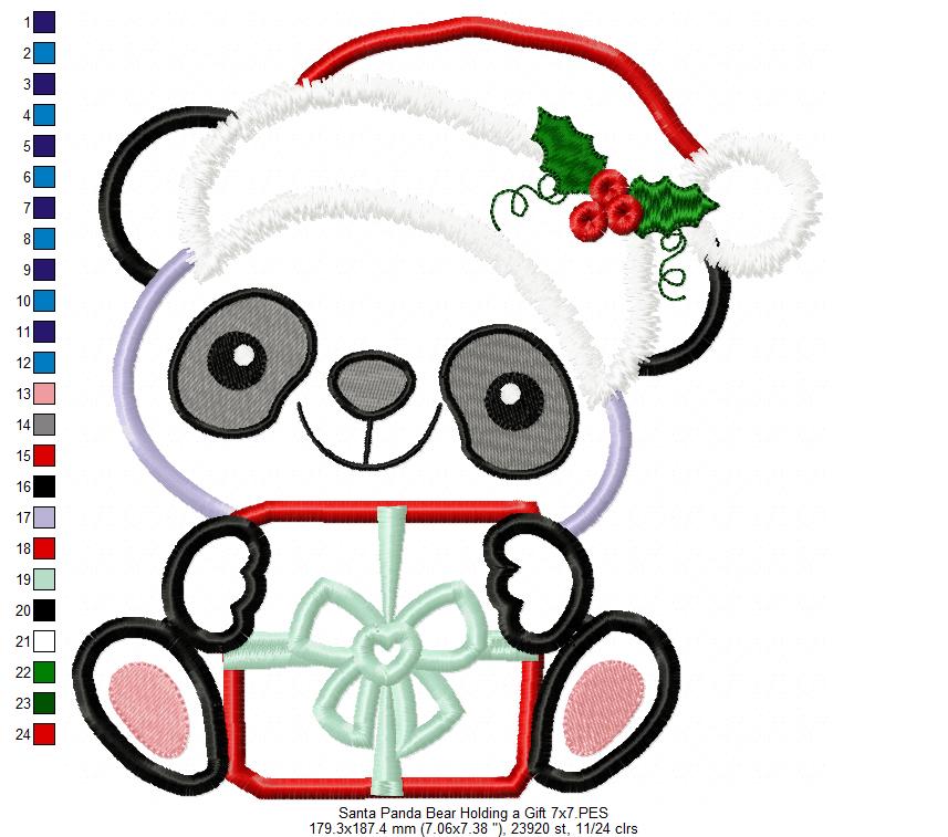 Santa Panda Bear Holding a Gift - Applique - Machine Embroidery Design