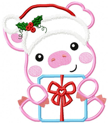 Santa Pig Holding a Gift - Applique - Machine Embroidery Design