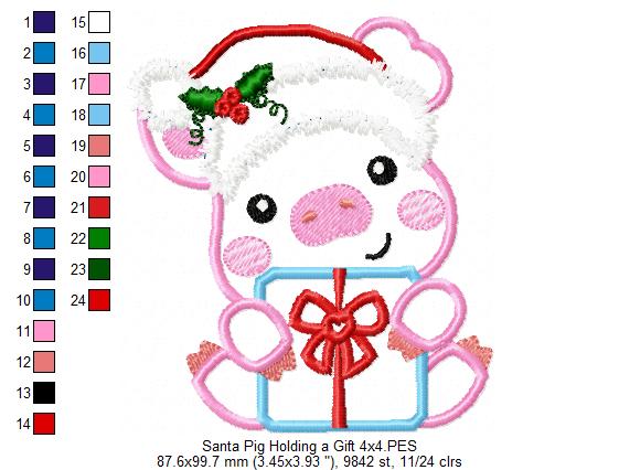 Santa Pig Holding a Gift - Applique - Machine Embroidery Design