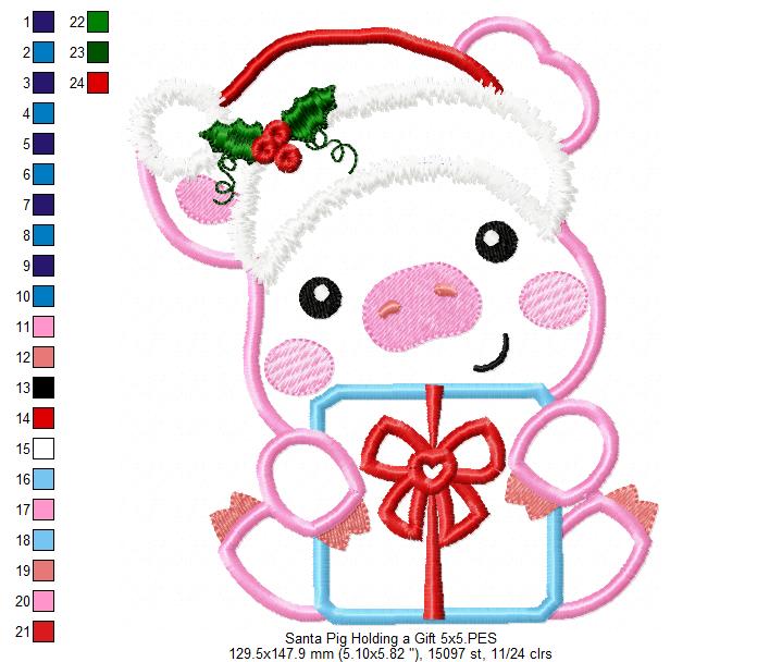Santa Pig Holding a Gift - Applique - Machine Embroidery Design