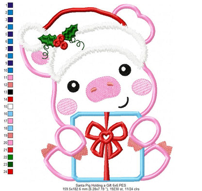 Santa Pig Holding a Gift - Applique - Machine Embroidery Design
