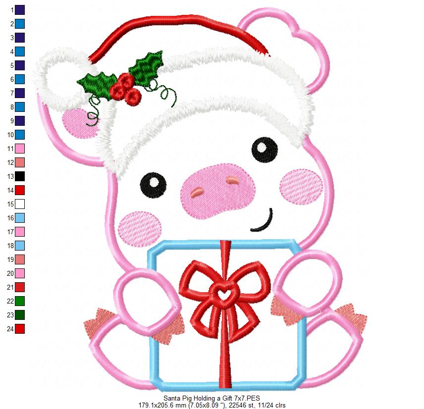 Santa Pig Holding a Gift - Applique - Machine Embroidery Design