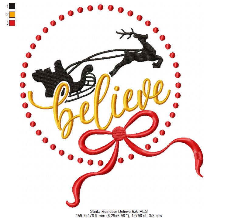 Believe Santa Claus, Reindeer and Bow - Fill Stitch Embroidery