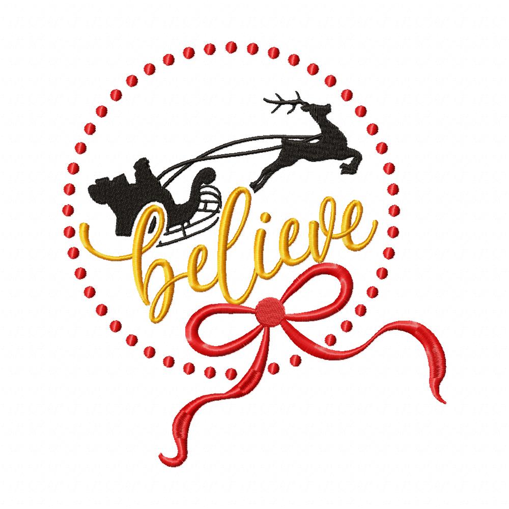 Believe Santa Claus, Reindeer and Bow - Fill Stitch Embroidery