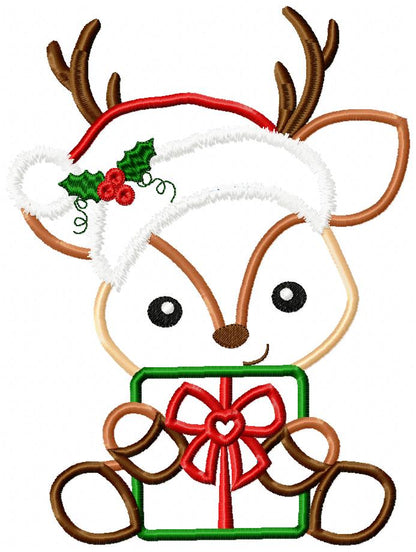 Santa Reindeer Holding a Gift - Applique - Machine Embroidery Design