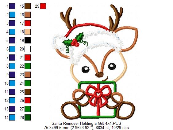 Santa Reindeer Holding a Gift - Applique - Machine Embroidery Design