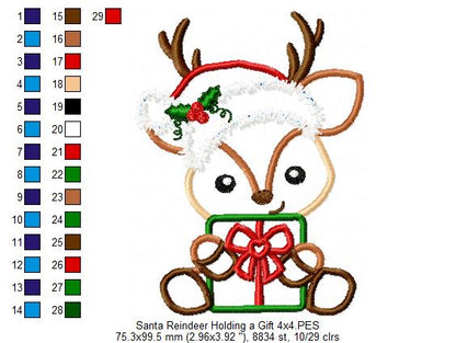Santa Reindeer Holding a Gift - Applique - Machine Embroidery Design