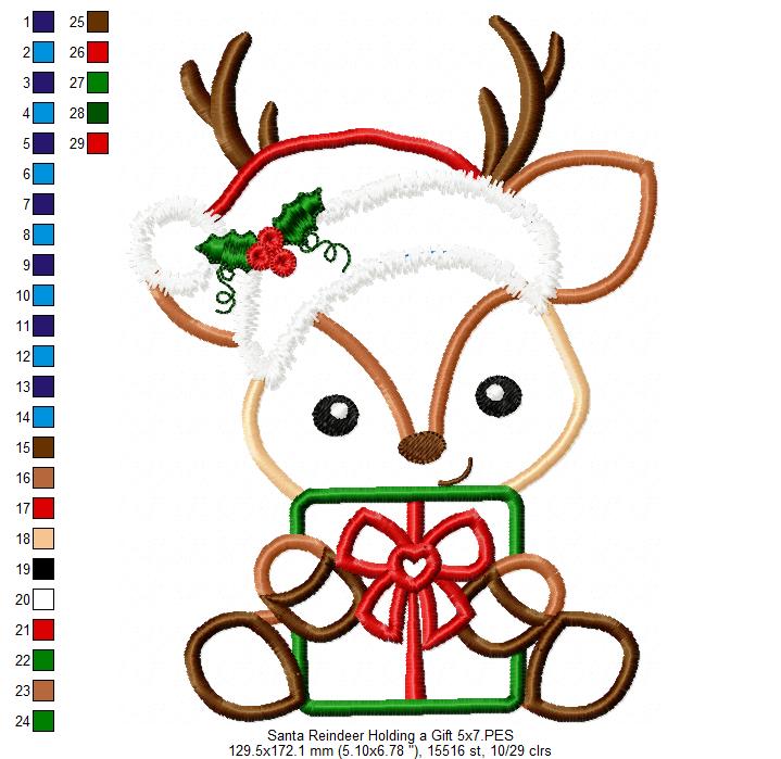 Santa Reindeer Holding a Gift - Applique - Machine Embroidery Design