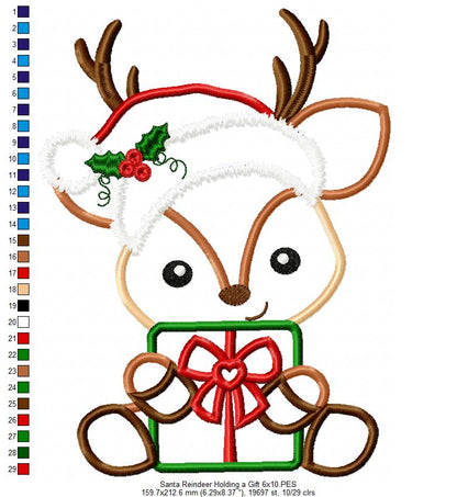 Santa Reindeer Holding a Gift - Applique - Machine Embroidery Design