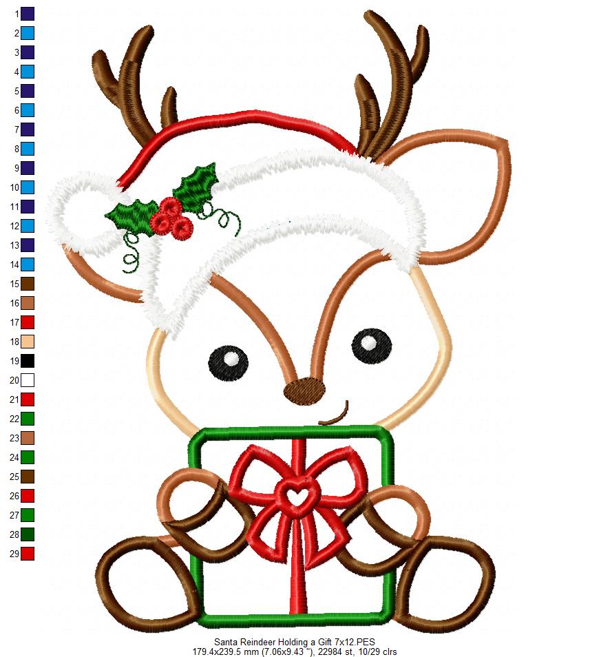 Santa Reindeer Holding a Gift - Applique - Machine Embroidery Design