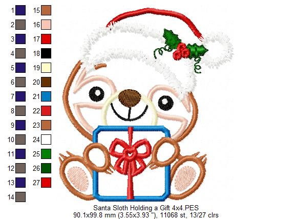 Santa Sloth Holding a Gift - Applique - Machine Embroidery Design