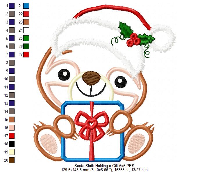 Santa Sloth Holding a Gift - Applique - Machine Embroidery Design