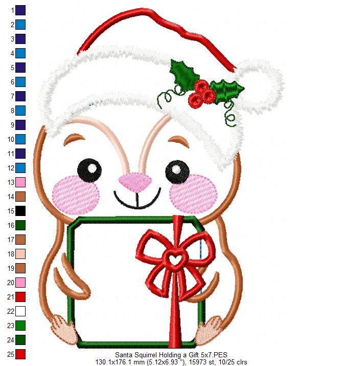 Santa Squirrel Holding a Gift - Applique