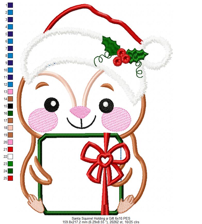 Santa Squirrel Holding a Gift - Applique