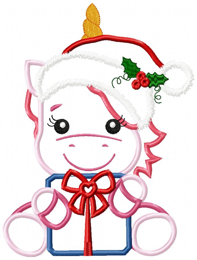 Santa Unicorn Holding a Gift - Applique Embroidery