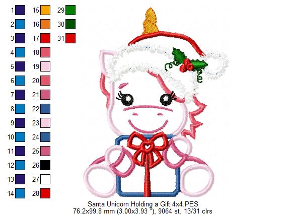 Santa Unicorn Holding a Gift - Applique Embroidery