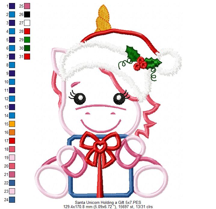 Santa Unicorn Holding a Gift - Applique Embroidery
