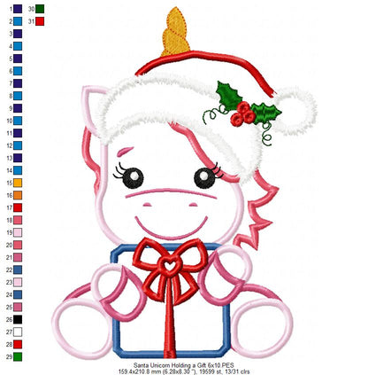 Santa Unicorn Holding a Gift - Applique Embroidery