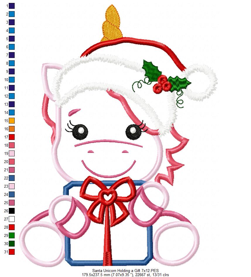Santa Unicorn Holding a Gift - Applique Embroidery