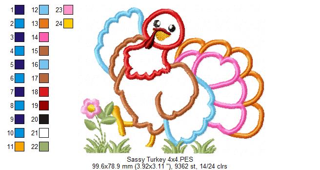 Sassy Turkey - Applique - Machine Embroidery Design