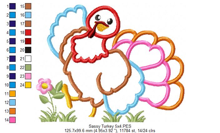 Sassy Turkey - Applique - Machine Embroidery Design