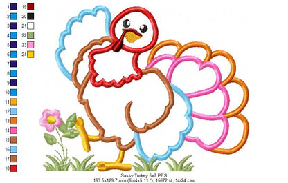 Sassy Turkey - Applique - Machine Embroidery Design