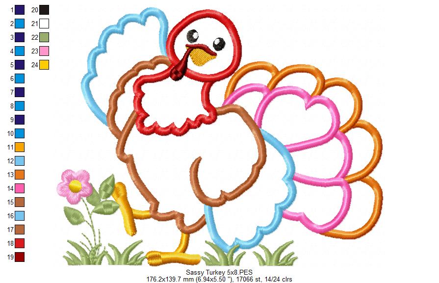 Sassy Turkey - Applique - Machine Embroidery Design