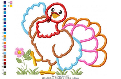 Sassy Turkey - Applique - Machine Embroidery Design