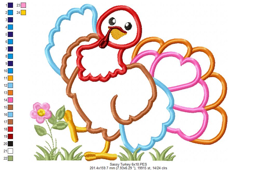 Sassy Turkey - Applique - Machine Embroidery Design