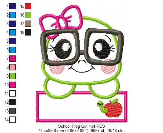 School Frog Girl - Applique - Machine Embroidery Design