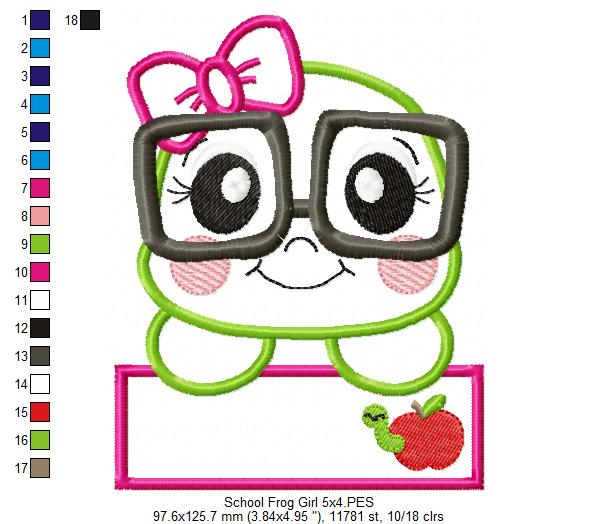 School Frog Girl - Applique - Machine Embroidery Design