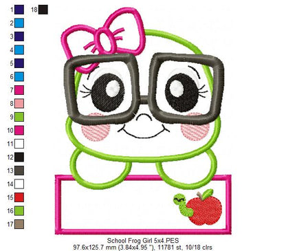 School Frog Girl - Applique - Machine Embroidery Design