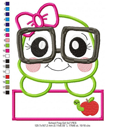 School Frog Girl - Applique - Machine Embroidery Design