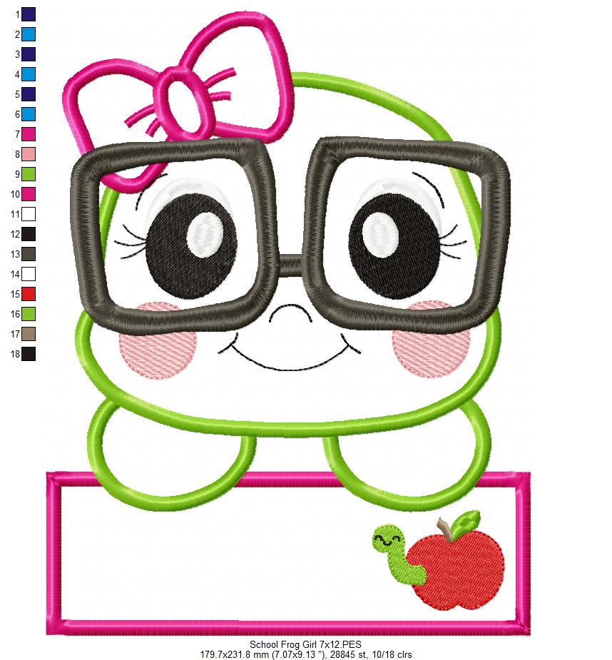 School Frog Girl - Applique - Machine Embroidery Design