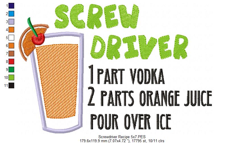 Screwdriver Recipe - Applique - Machine Embroidery Design