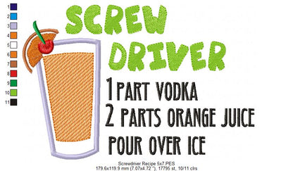Screwdriver Recipe - Applique - Machine Embroidery Design