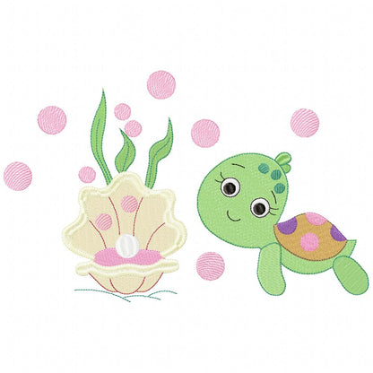 Sea Turtle Girl, Shell and Pearl - Fill Stitch