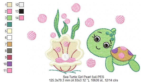 Sea Turtle Girl, Shell and Pearl - Fill Stitch