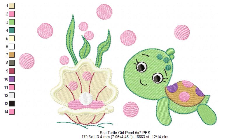 Sea Turtle Girl, Shell and Pearl - Fill Stitch
