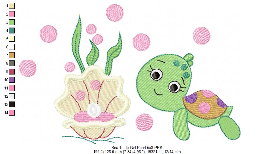 Sea Turtle Girl, Shell and Pearl - Fill Stitch