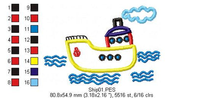Cute Ship - Applique - Machine Embroidery Design