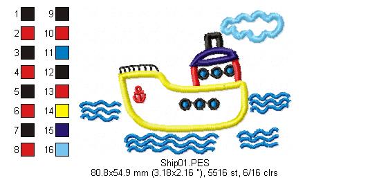 Cute Ship - Applique - Machine Embroidery Design
