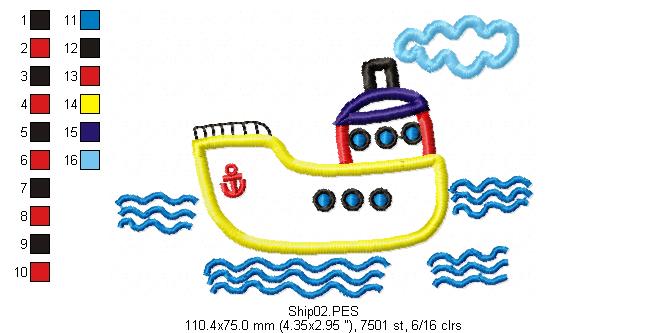 Cute Ship - Applique - Machine Embroidery Design