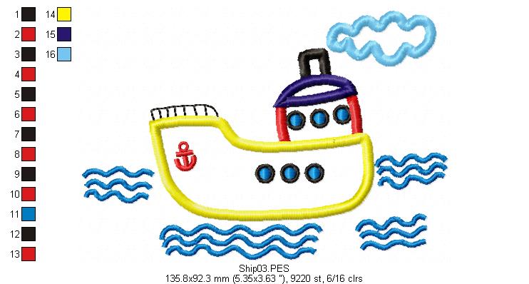 Cute Ship - Applique - Machine Embroidery Design