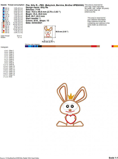 Silly Easter Rabbit with Heart - Applique