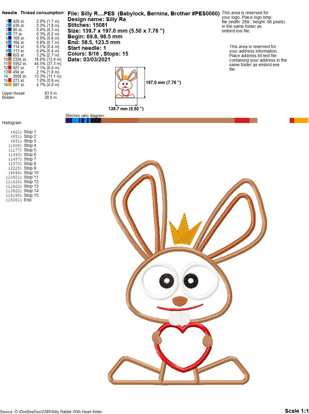 Silly Easter Rabbit with Heart - Applique
