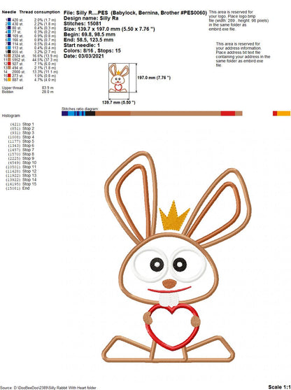 Silly Easter Rabbit with Heart - Applique